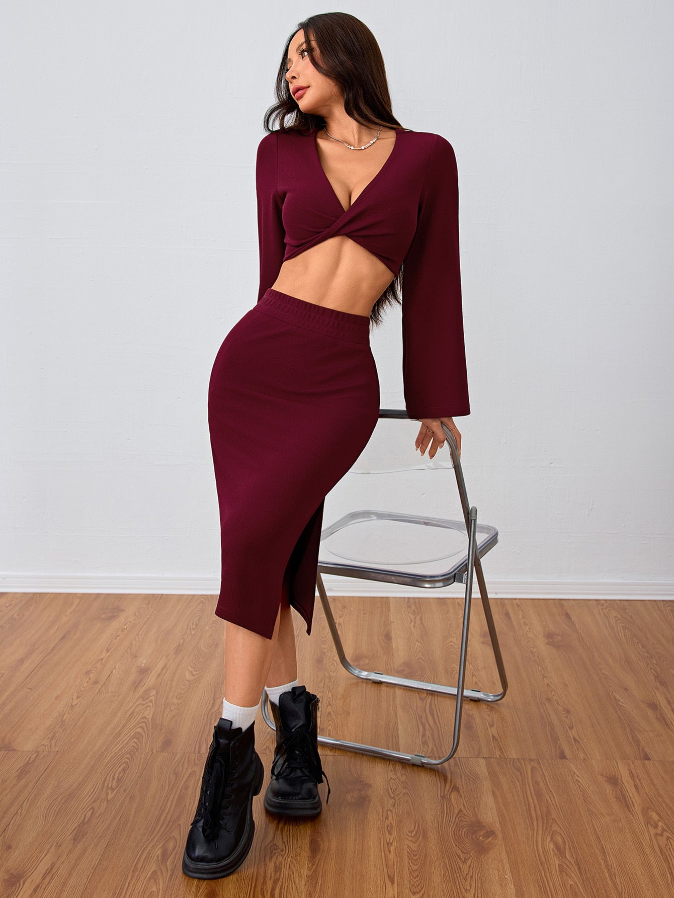 Sexy new wine red top two-piece suit for European and American women
