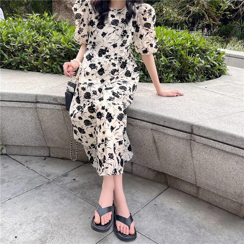 New French Gentle Style Skirt High Waist Fitting Floral Puff Sleeve Skirt