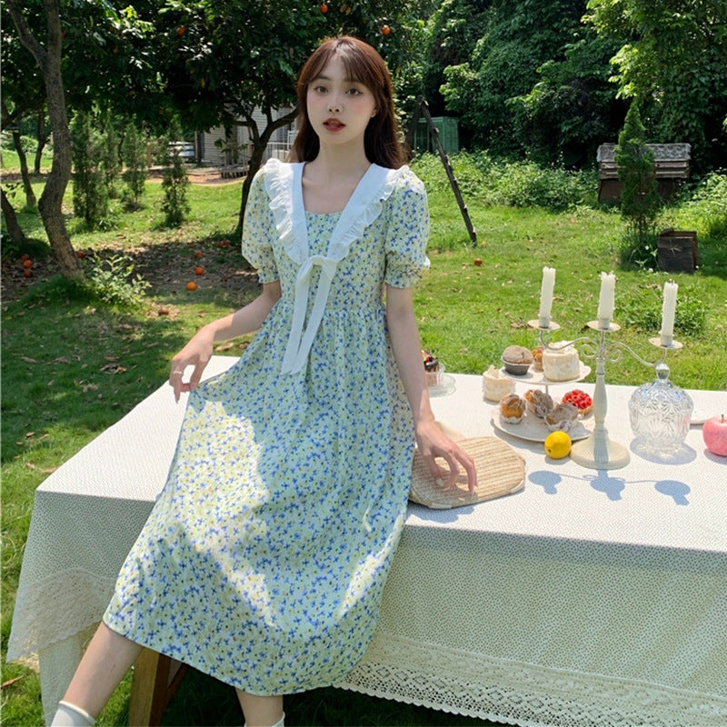 New French Gentle Style Skirt High Waist Fitting Floral Puff Sleeve Skirt