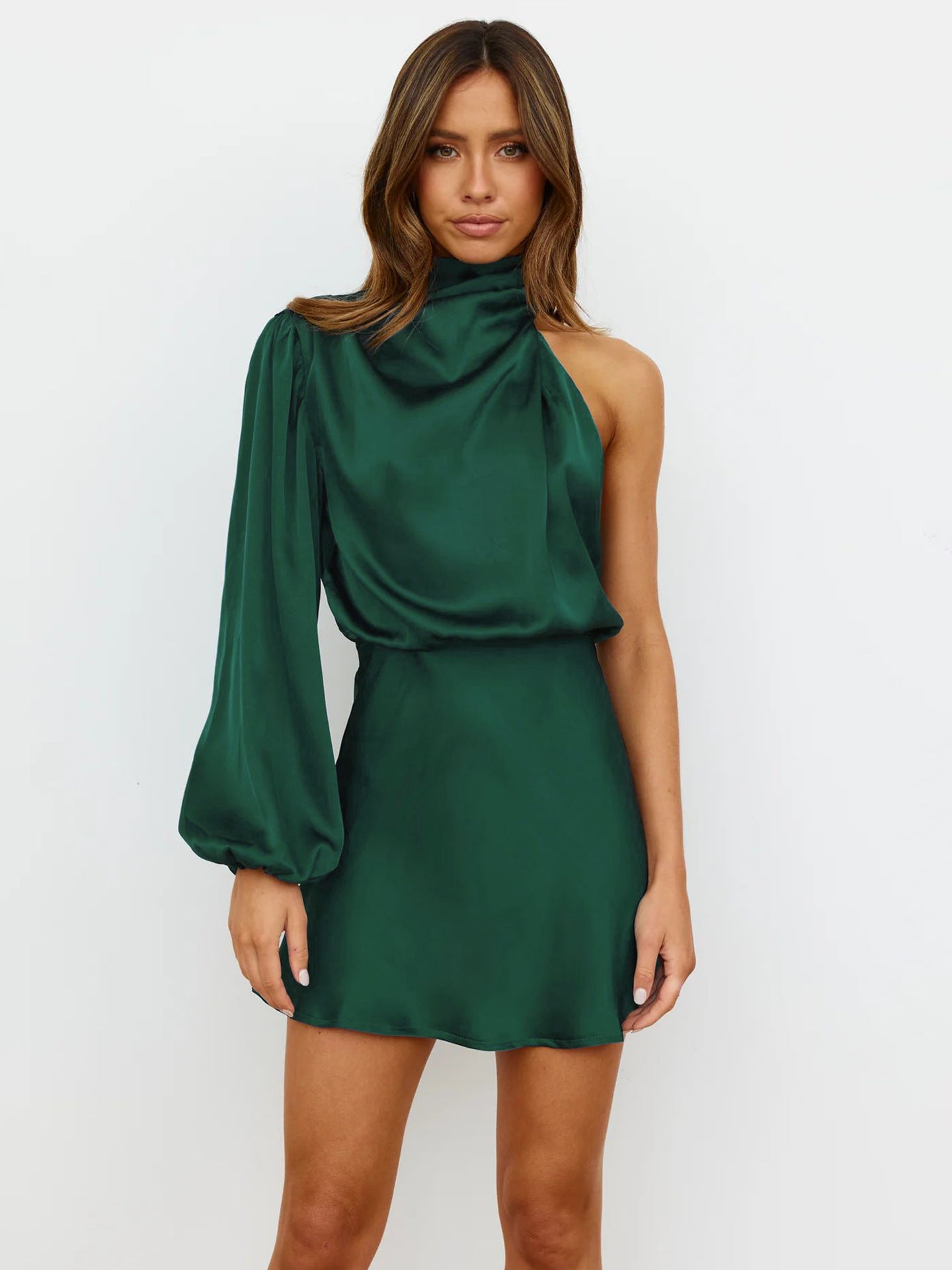 New women's evening dress, foreign trade, high-end satin long-sleeved, one-shoulder, elegant dress