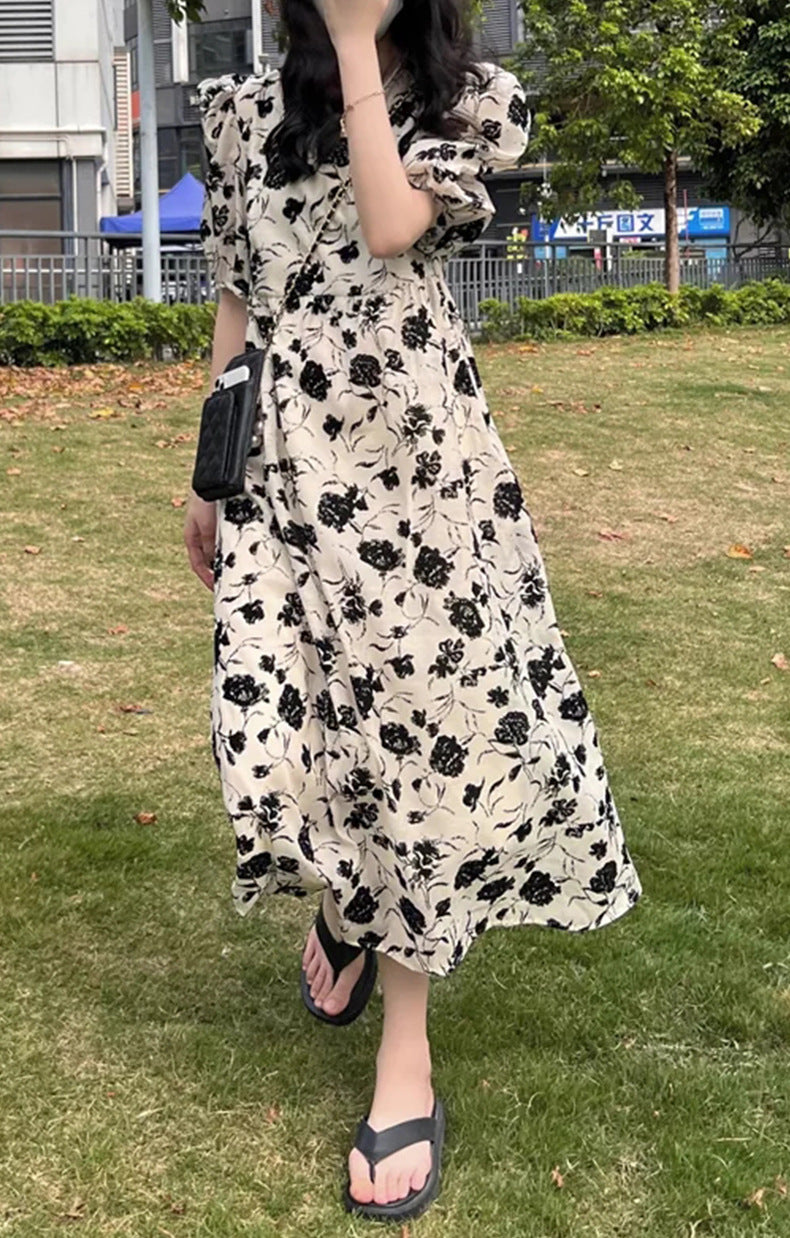 New French Gentle Style Skirt High Waist Fitting Floral Puff Sleeve Skirt
