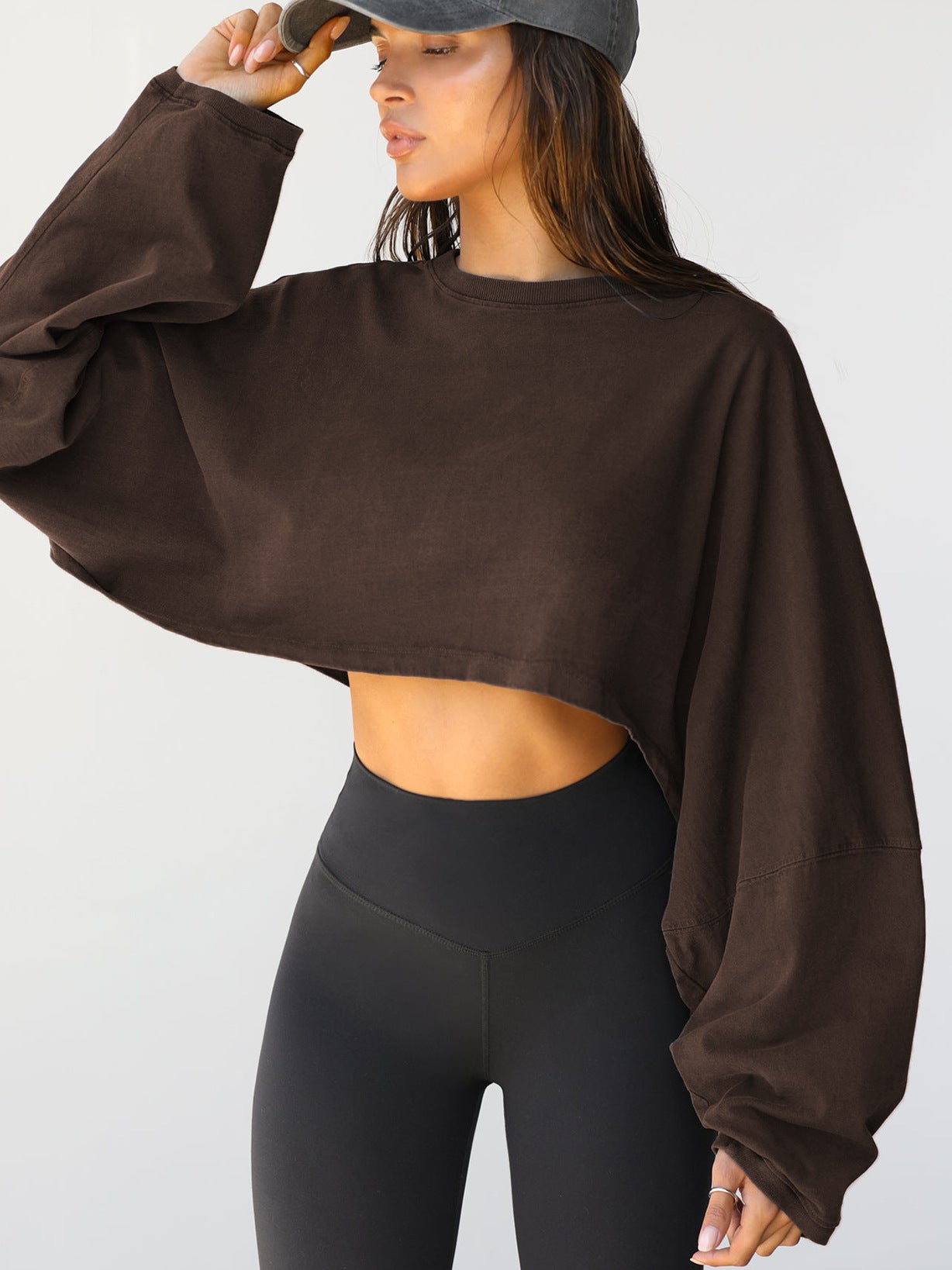 Navel-exposed round-neck sweatshirt European and American women's short sports bottoming shirt T-shirt sweater long-sleeved top
