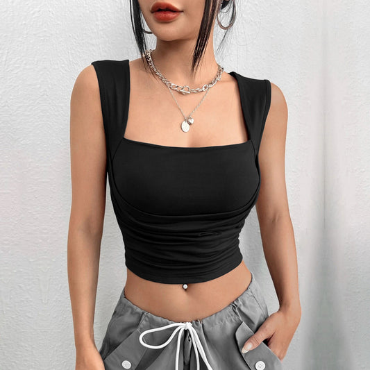 2025 Spring women's slim fit short sexy solid color tube top vest with suspender top