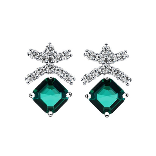 Regenerated emerald s925 silver earrings square synthetic emerald imitation growth grain silver plated K gold earrings