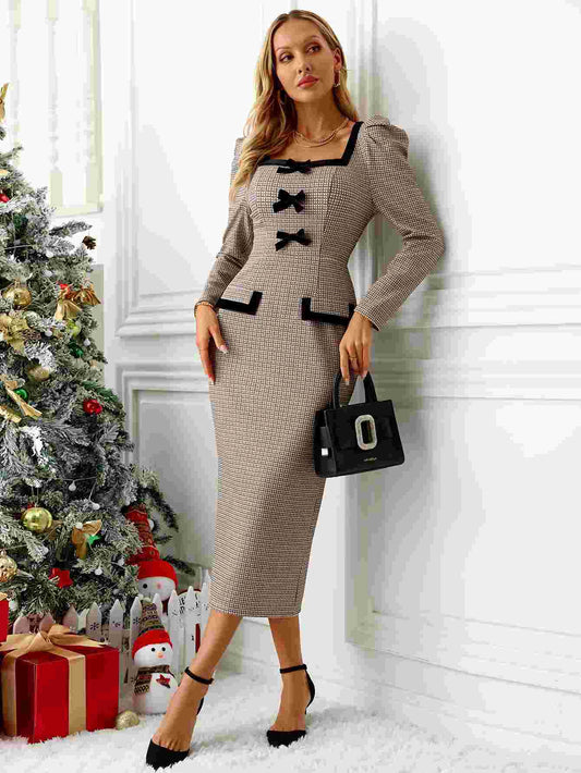 French dress long sleeve sexy tight hip skirt belt plaid stretch knitted dress