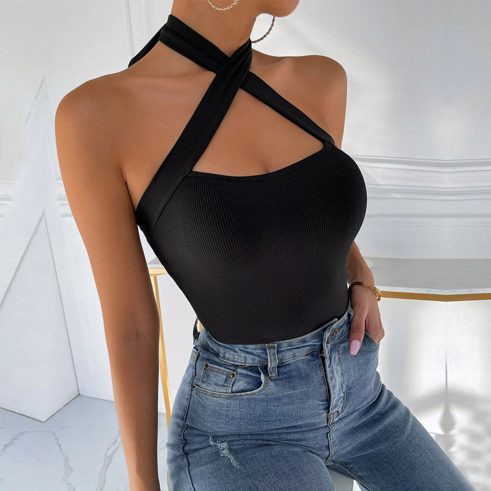 New women's solid color halter neck cross vest sexy slimming tops for women