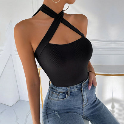 New women's solid color halter neck cross vest sexy slimming tops for women