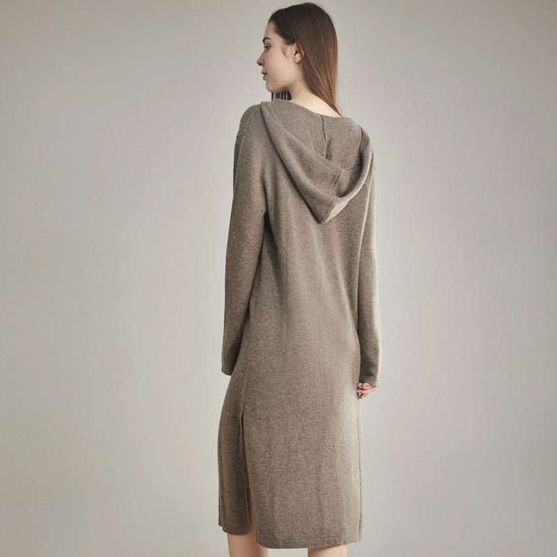 Autumn and Winter New 100% Cashmere Hooded Long Knee-length Skirt Women's Loose Lazy Knitted Dress