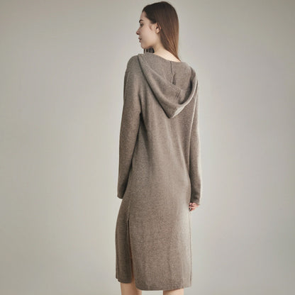Autumn and Winter New 100% Cashmere Hooded Long Knee-length Skirt Women's Loose Lazy Knitted Dress