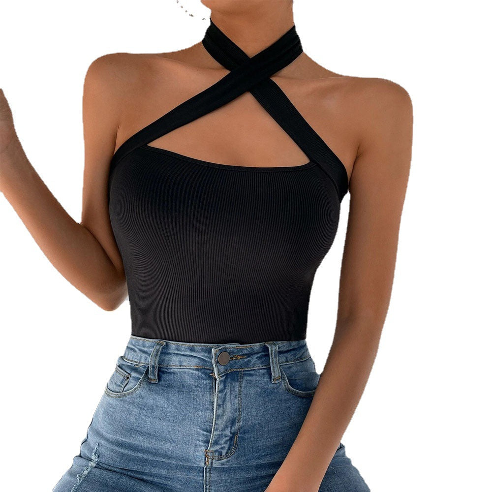New women's solid color halter neck cross vest sexy slimming tops for women