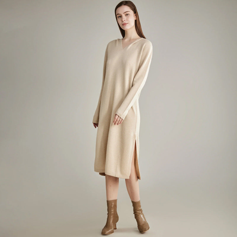 Autumn and Winter New 100% Cashmere Hooded Long Knee-length Skirt Women's Loose Lazy Knitted Dress
