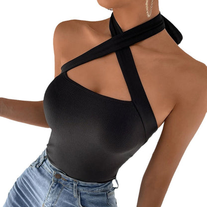 New women's solid color halter neck cross vest sexy slimming tops for women