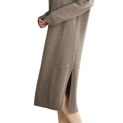 Autumn and Winter New 100% Cashmere Hooded Long Knee-length Skirt Women's Loose Lazy Knitted Dress