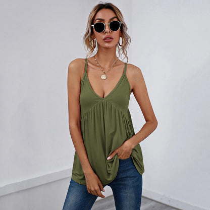 2025 European and American sexy vest T-shirt v-neck sleeveless backless suspender versatile top for women