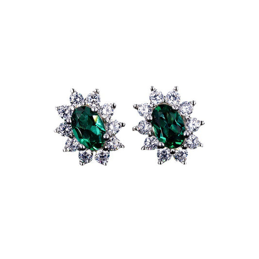 Regenerated emerald earrings with growth lines, laboratory-synthesized regenerated oval sterling silver S925 emerald earrings