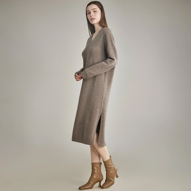 Autumn and Winter New 100% Cashmere Hooded Long Knee-length Skirt Women's Loose Lazy Knitted Dress