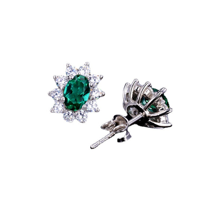 Regenerated emerald earrings with growth lines, laboratory-synthesized regenerated oval sterling silver S925 emerald earrings