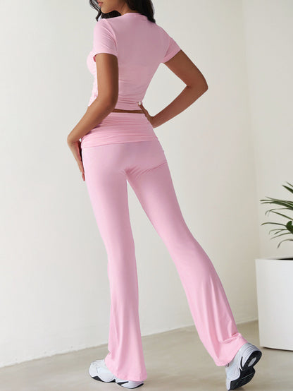 2025 Spring and Summer New Casual Fashion Suit Solid Color All-match Short Sleeve Long Pants Two-piece Set