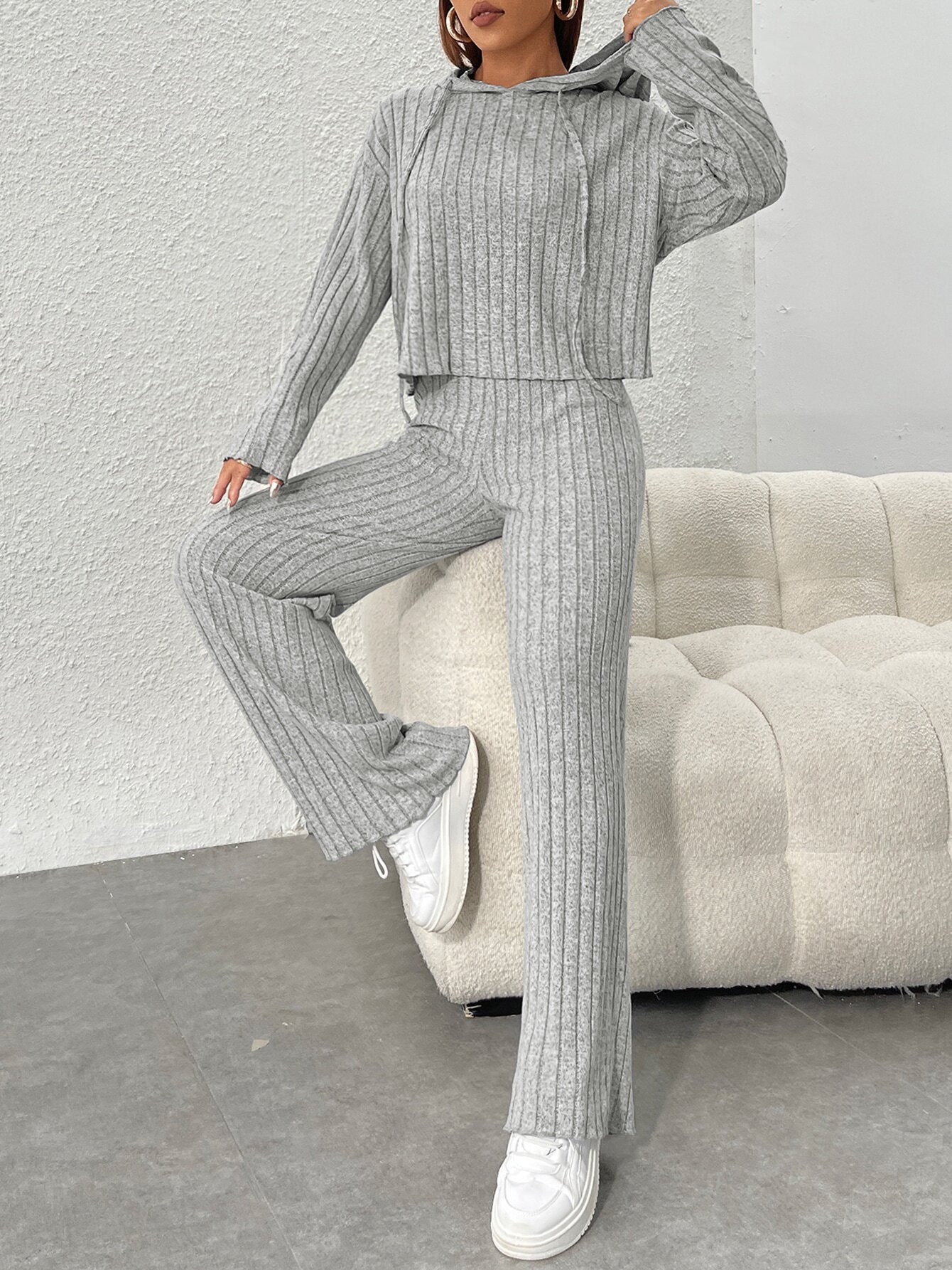 2025 women's simple hooded fashion suit autumn and winter home pure color lazy two-piece suit