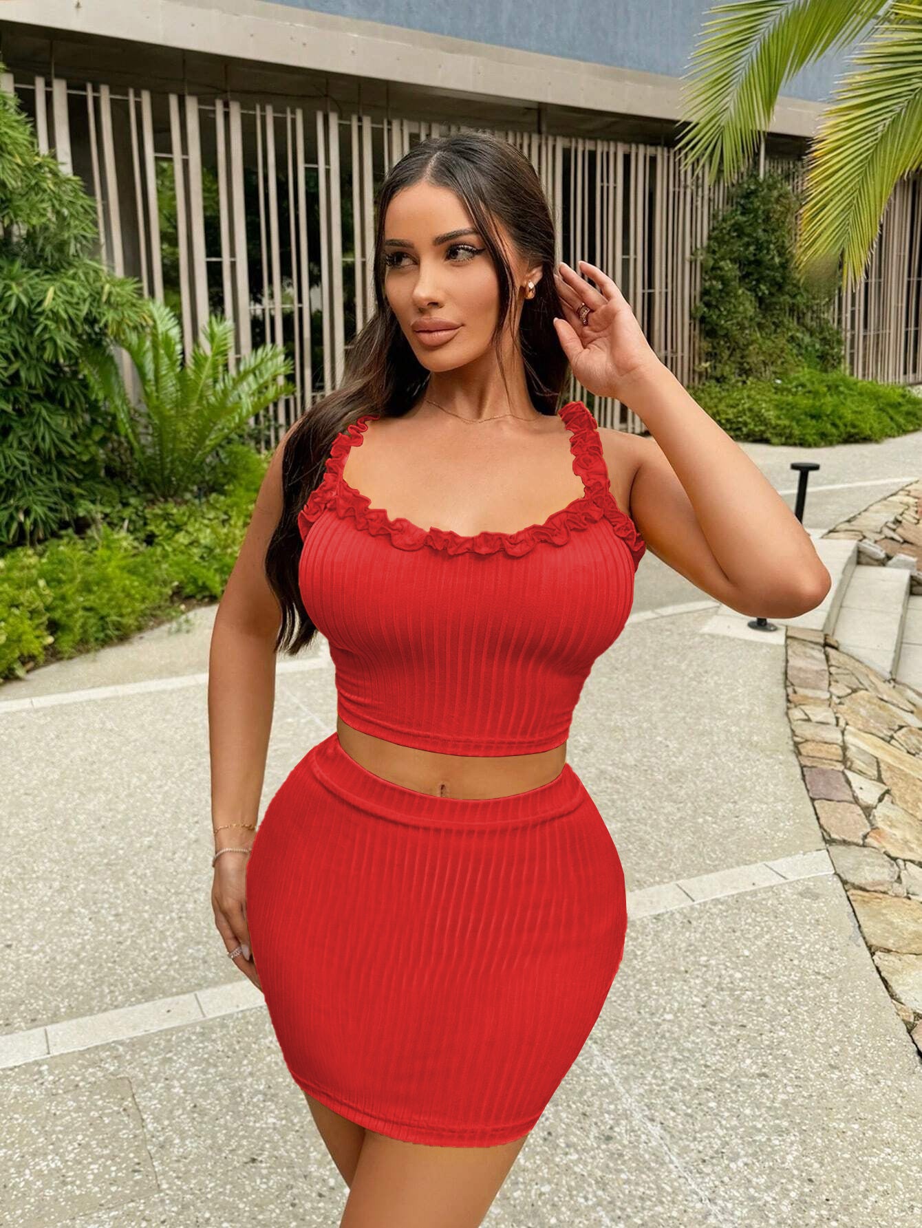 2025 Women's Sexy Ruffles Suspenders Sexy Hip-wrapped Fashion Suit Two-piece Set