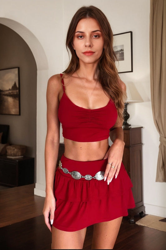 2025 women's spring and summer new bright red hot girl fashion suit top skirt two-piece set