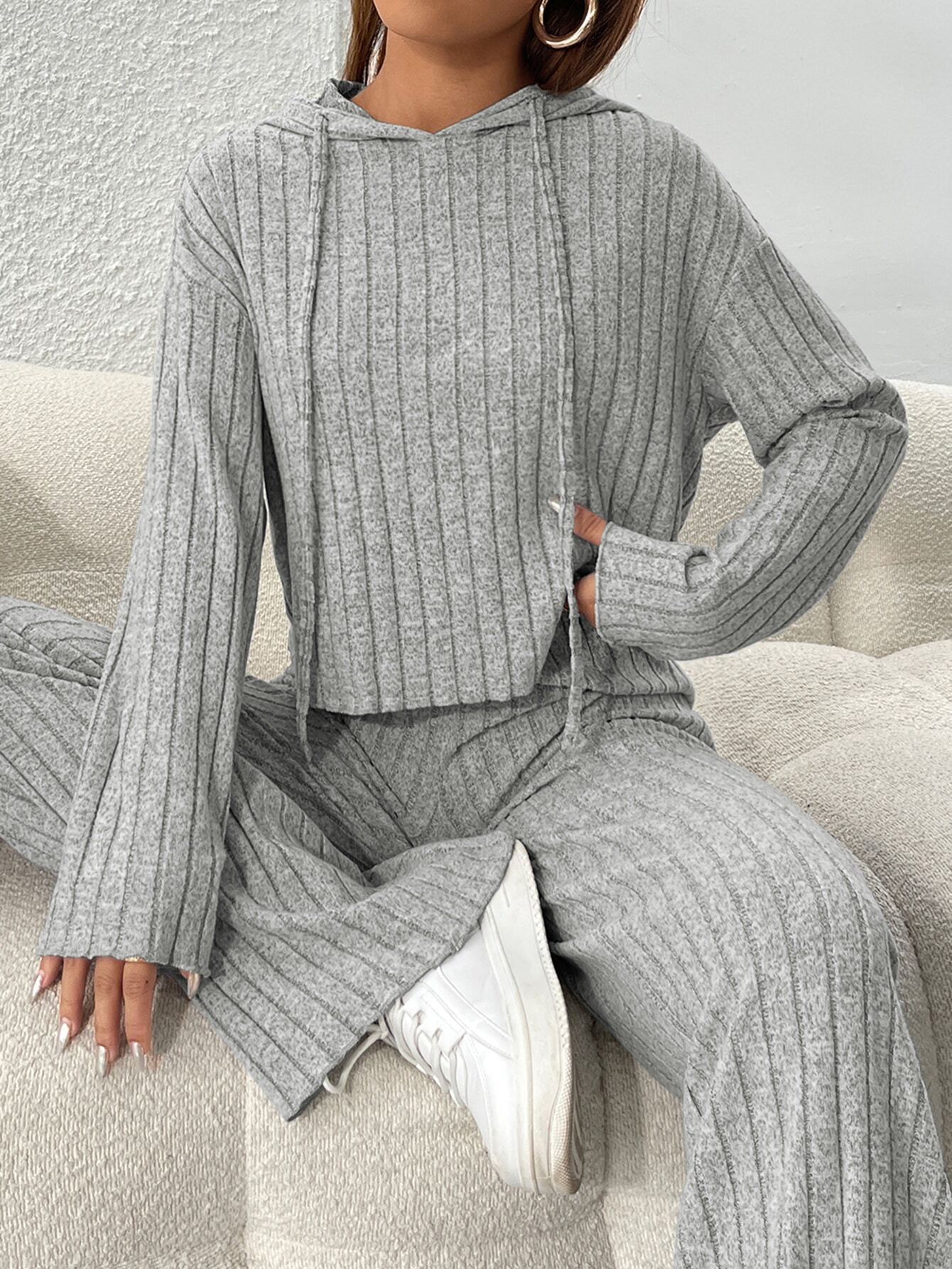 2025 women's simple hooded fashion suit autumn and winter home pure color lazy two-piece suit