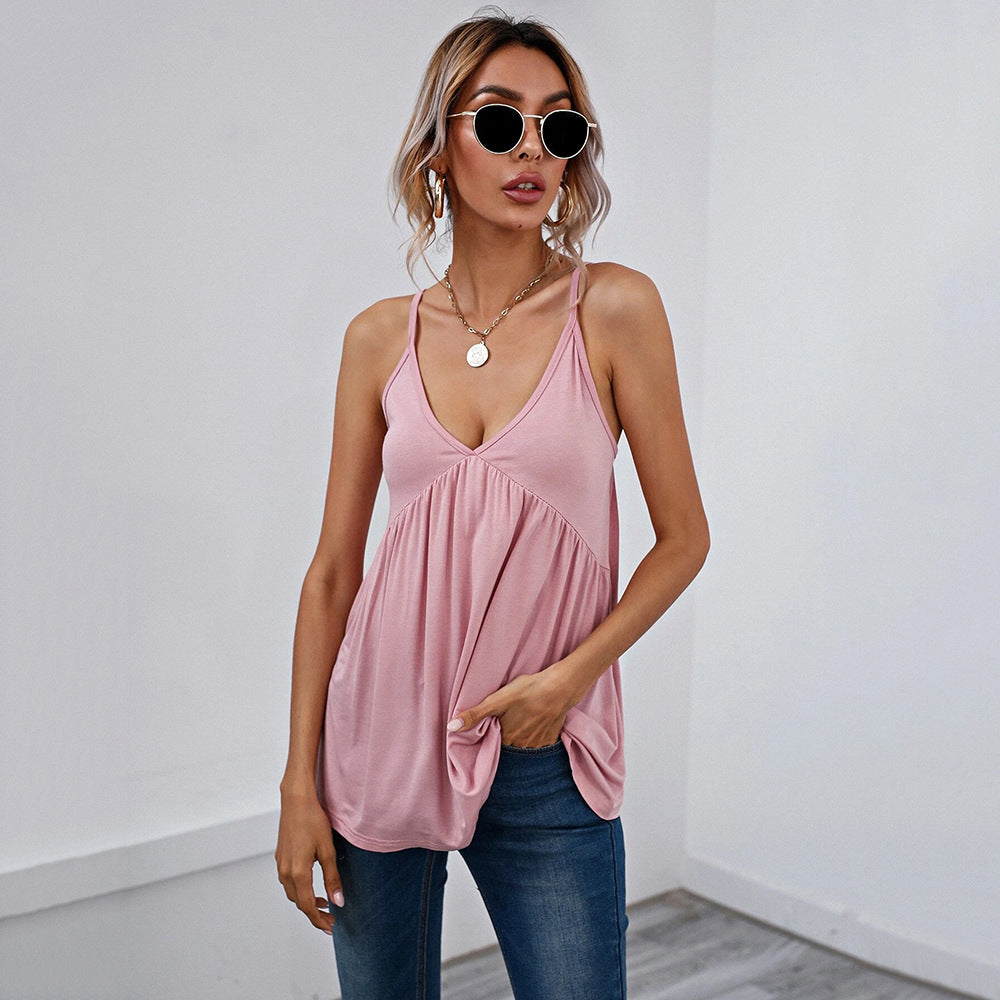 2025 European and American sexy vest T-shirt v-neck sleeveless backless suspender versatile top for women