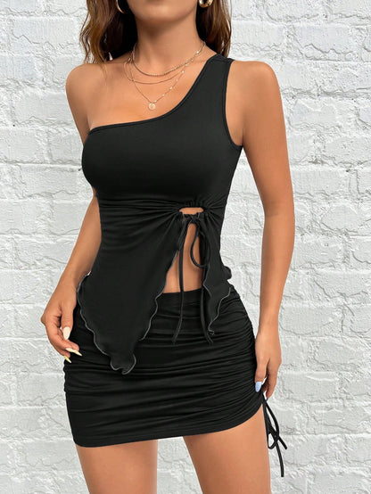 2025 European and American women's sexy one-sided suspender dress spring and summer new high waist short skirt