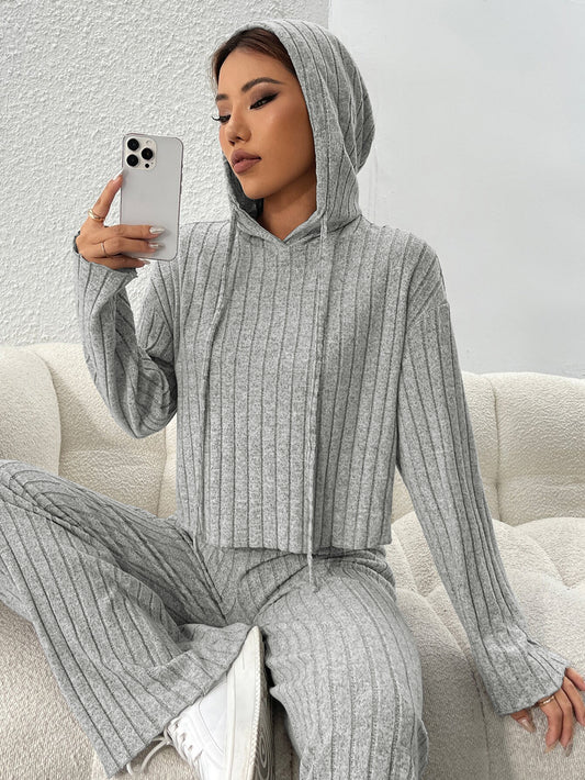 2025 women's simple hooded fashion suit autumn and winter home pure color lazy two-piece suit