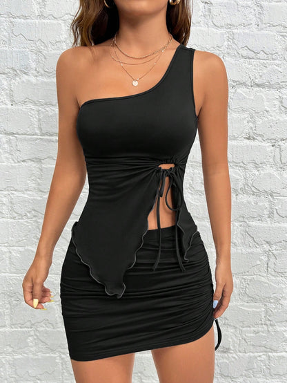 2025 European and American women's sexy one-sided suspender dress spring and summer new high waist short skirt