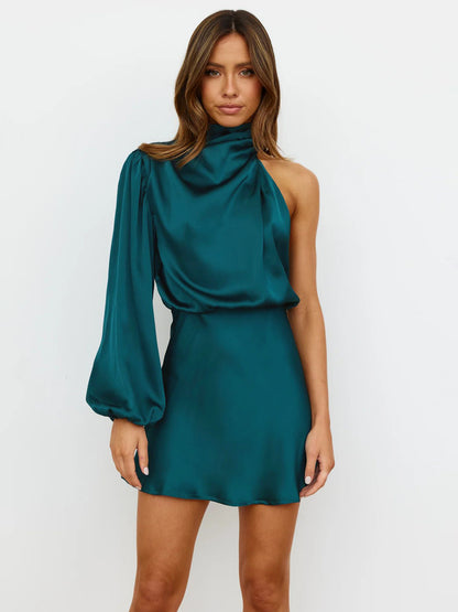 New women's evening dress, foreign trade, high-end satin long-sleeved, one-shoulder, elegant dress