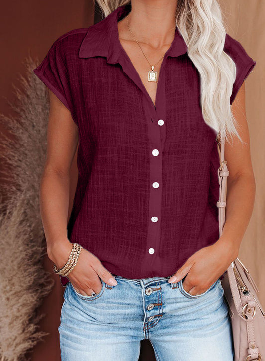 Summer new solid color single-breasted lapel shirt sleeveless loose top