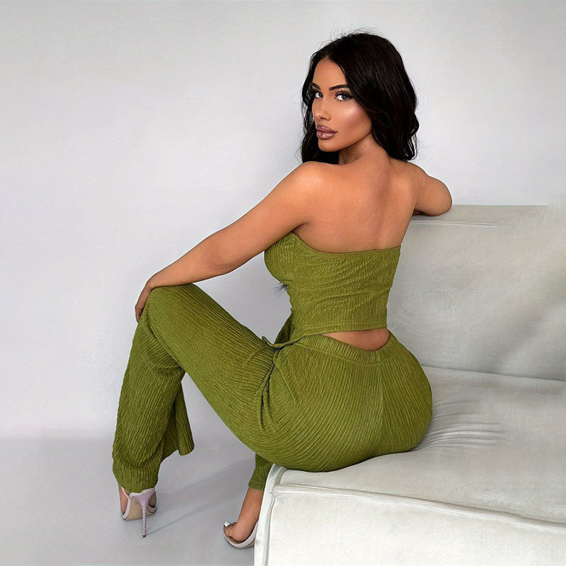 2025 new women's elastic button decorated tube top flared casual pants suit summer two-piece suit