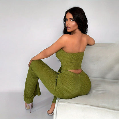 2025 new women's elastic button decorated tube top flared casual pants suit summer two-piece suit