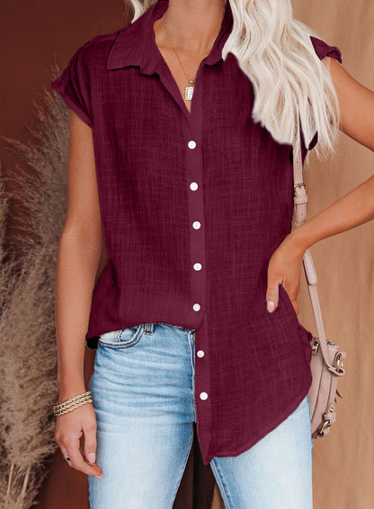 Summer new solid color single-breasted lapel shirt sleeveless loose top