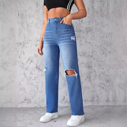 Women's straight jeans washed ripped non-elastic wide-leg trousers