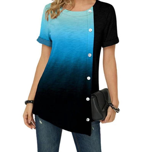 Women's printed tie-dye gradient contrast color round neck button short sleeves