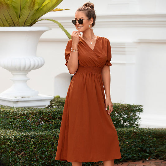 Elegant slim fit V-neck long waist dress