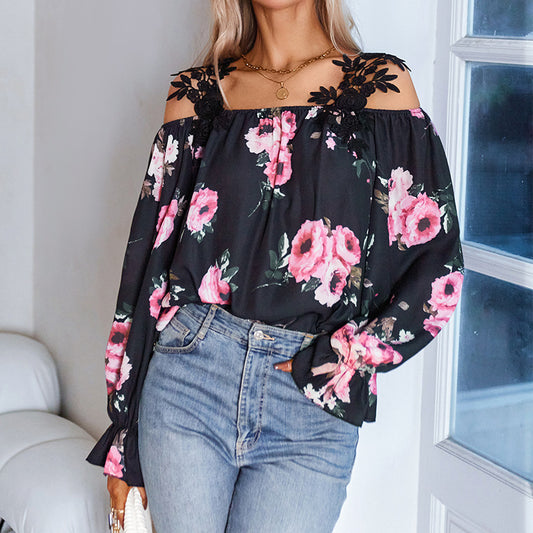 Flower print stitching lace bateau collar shirt women's European and American off-the-shoulder top