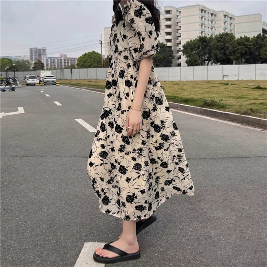 New French Gentle Style Skirt High Waist Fitting Floral Puff Sleeve Skirt