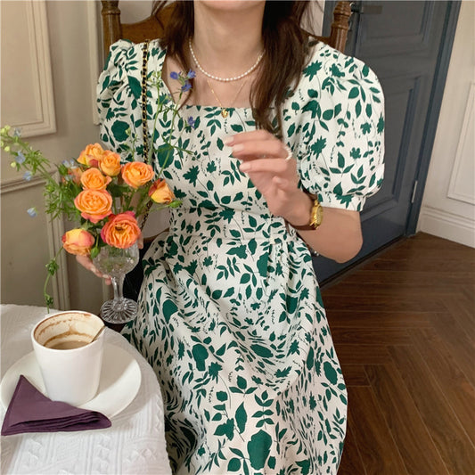 French style beach vacation floral mid-length dress