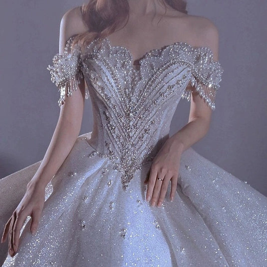 One shoulder starry sky wedding dress female bride main yarn heavy work luxury palace style