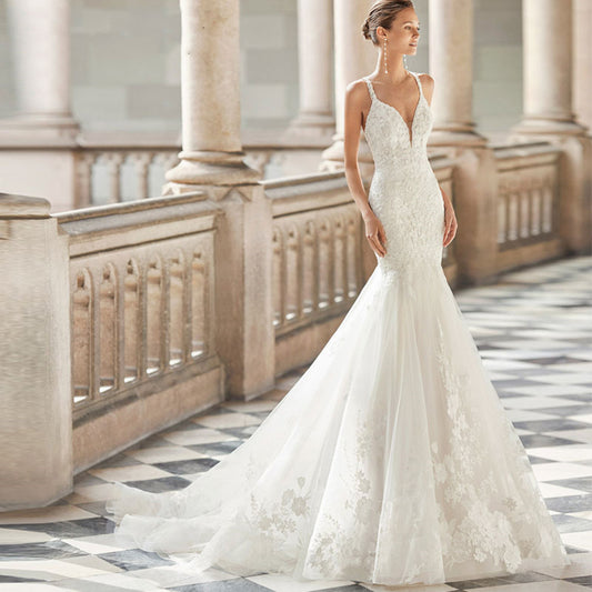 Light wedding dress French high-end lace luxury heavy fishtail wedding dress 2024 summer new bride sling slim dress
