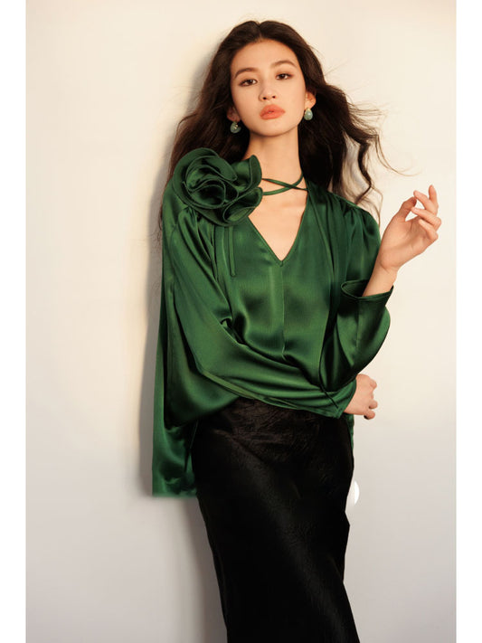 Glossy bubble texture satin removable handmade three-dimensional rose V-neck