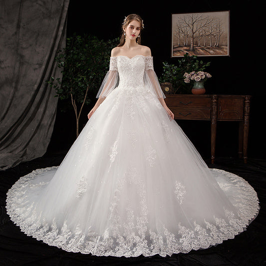 Dream wedding dress 2024 new bride one shoulder large size lace luxury long tail shining