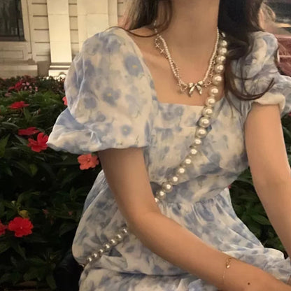 French style beach vacation floral mid-length dress