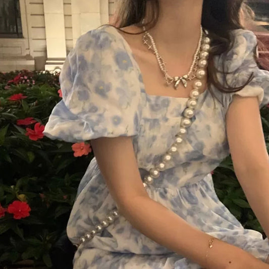 French style beach vacation floral mid-length dress