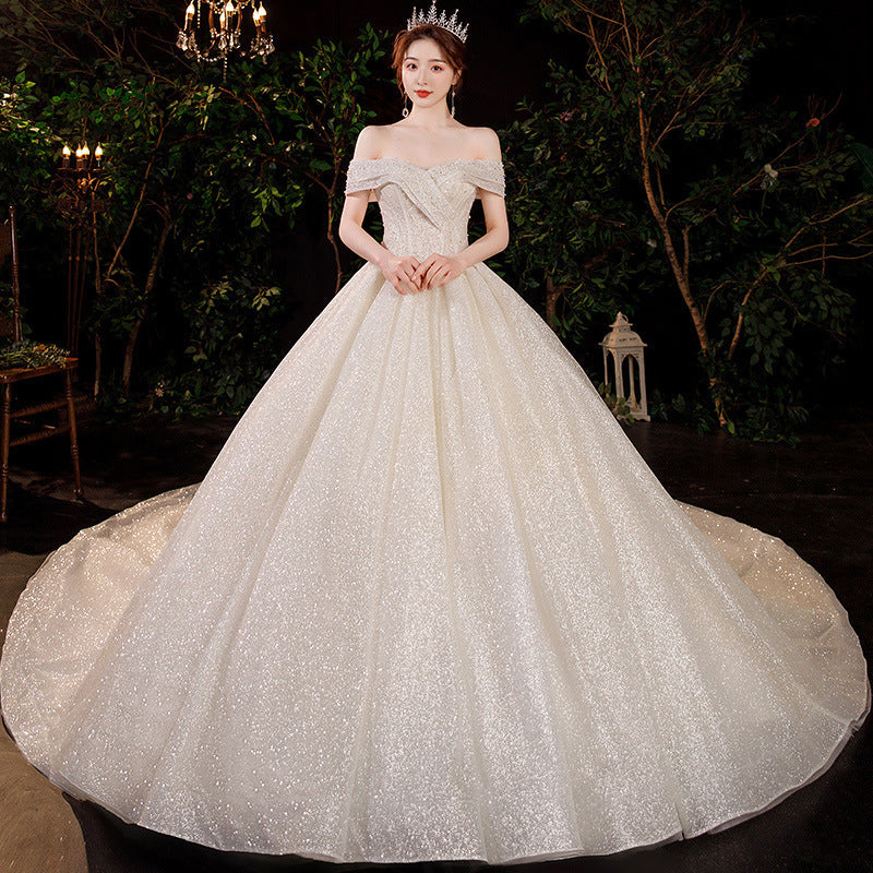 French light wedding dress 2024 new bride temperament elegant one shoulder slim slim long tail