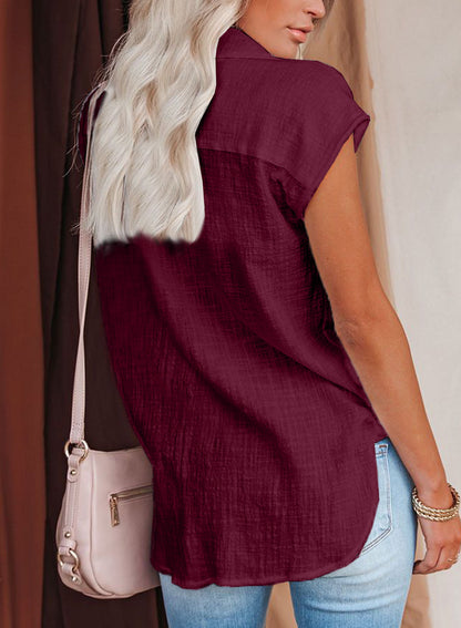 Summer new solid color single-breasted lapel shirt sleeveless loose top