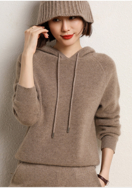 Hooded Cardigan Sweater Women 100 Wool Autumn and Winter New Style Hooded Cashmere Sweater Knitted Bottom Hoodie Thick